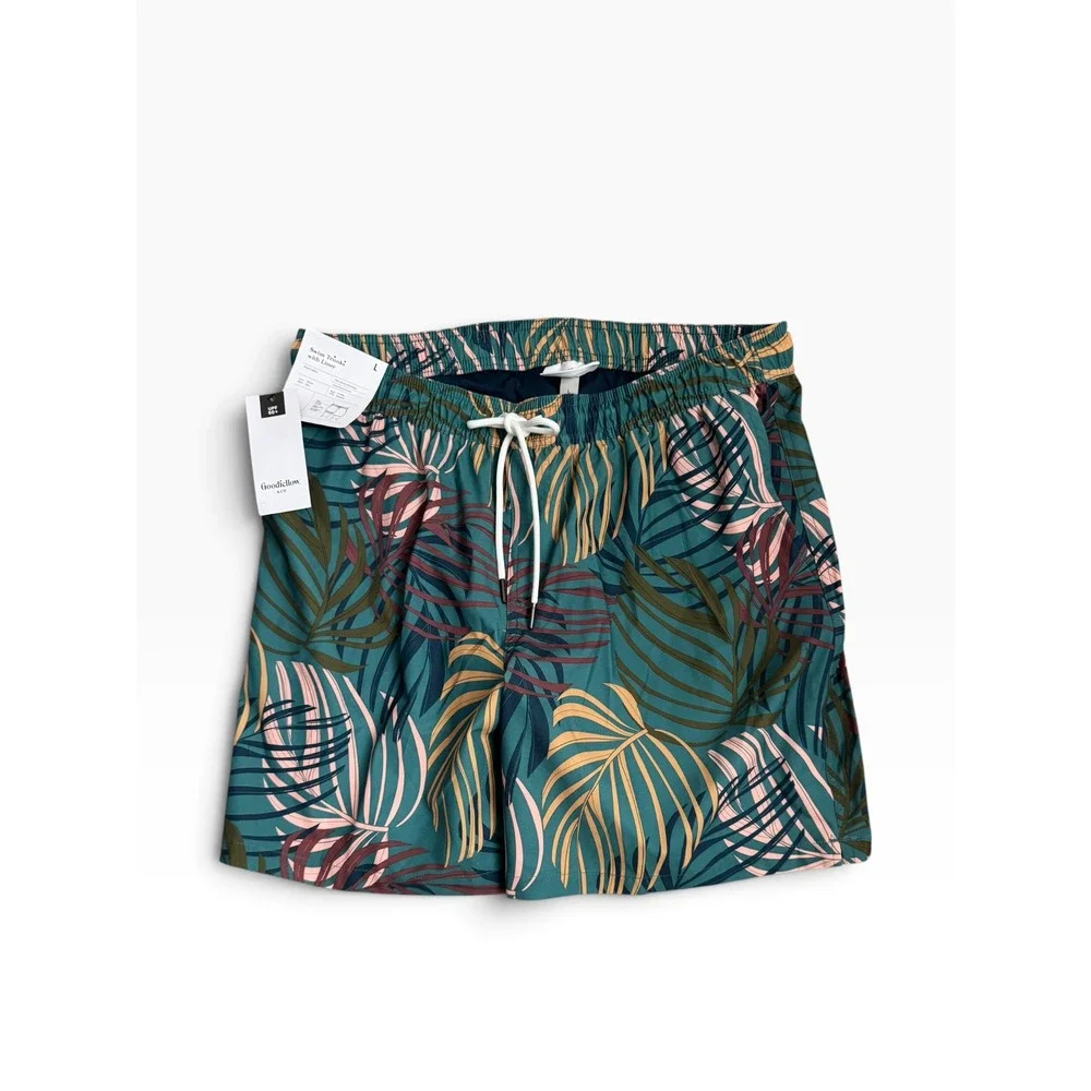 Goodfellow & Co Mens Teal Palm Print Swim Trunks 7